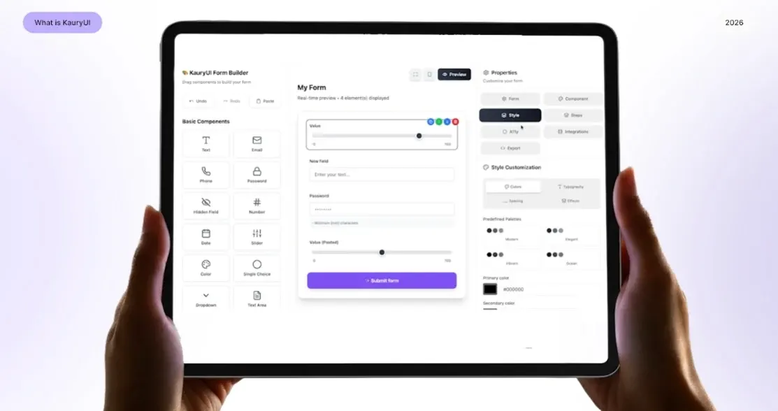 Interface du framework KauryUI, composants et interactions