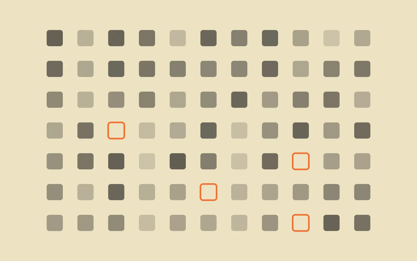 Grille de carrés représentant des commerces, dont quelques-uns sont vides et entourés d'orange