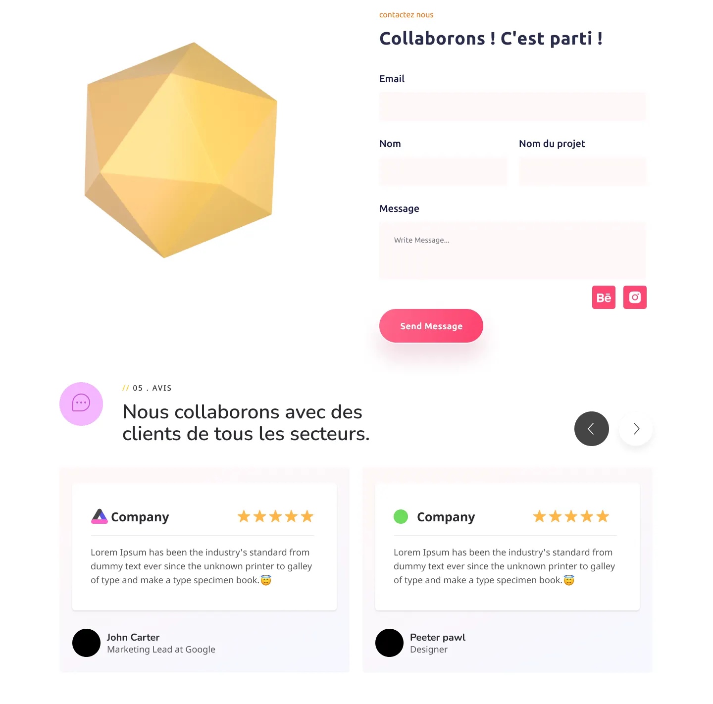 Maquette de page contact — formulaire « Collaborons ! » et bloc d'avis clients