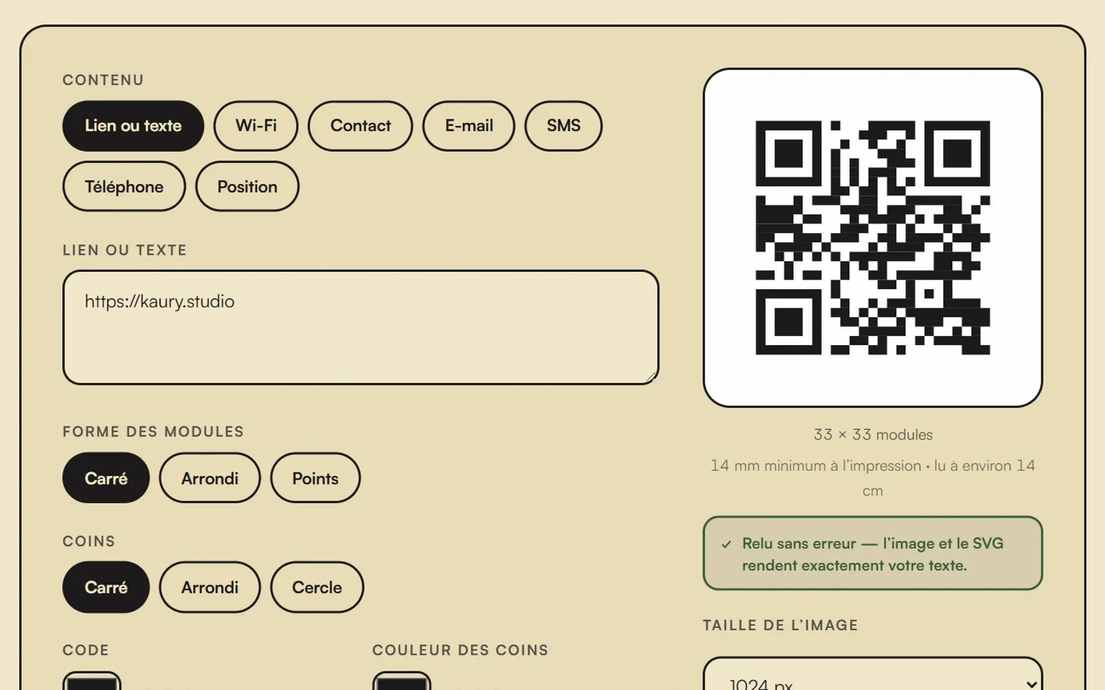 Capture d’écran : Générateur de QR code